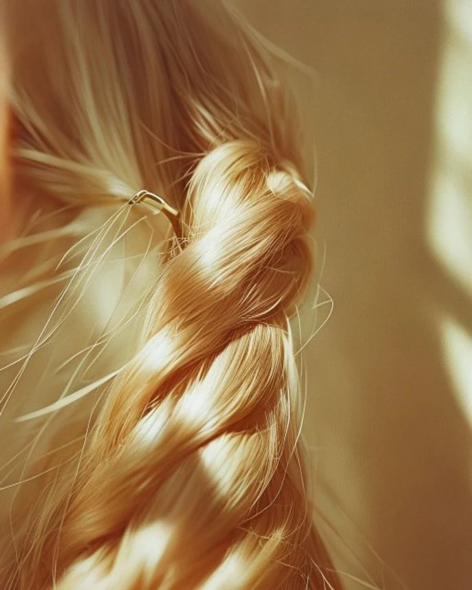 Detail einer geflochtenen Hochsteckfrisur, gehalten von einer Haarnadel