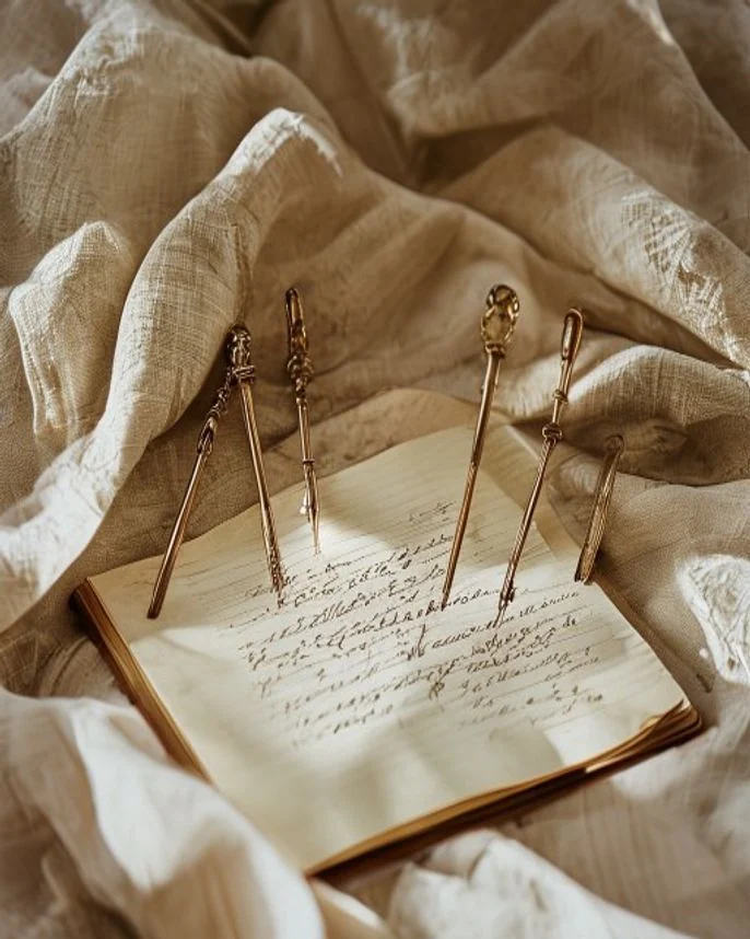 Aufgeschlagenes Notizbuch mit Stift und Haarspangen daneben