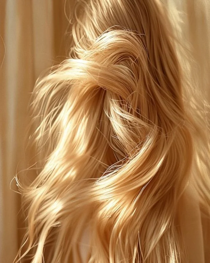 Detail einer blonden Haarwelle im warmen Morgenlicht