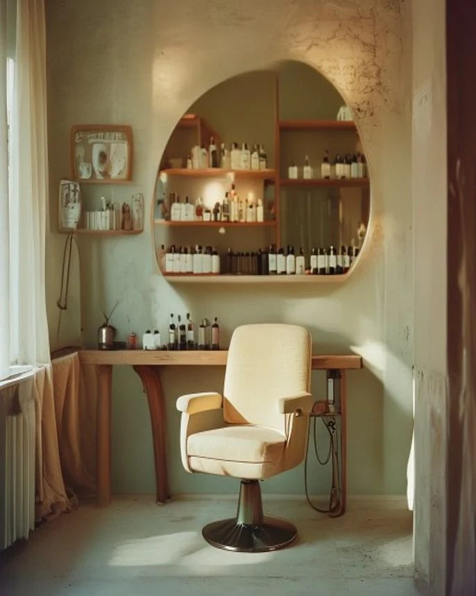 Salon-Ecke mit Stylingsessel im warmen Licht